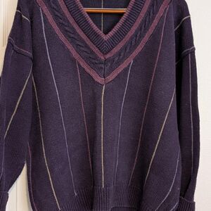 Vintage Men's Purple and Burgundy Cotton Cricket Sweater Size L